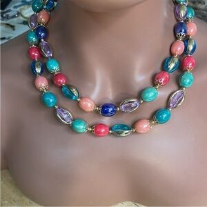 Pink and Blue Multi-Strand Necklace with Oval and Round Beads